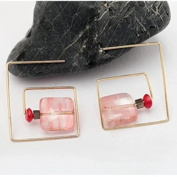 Square Threader Earrings Gold Pink - Picture 1 of 11